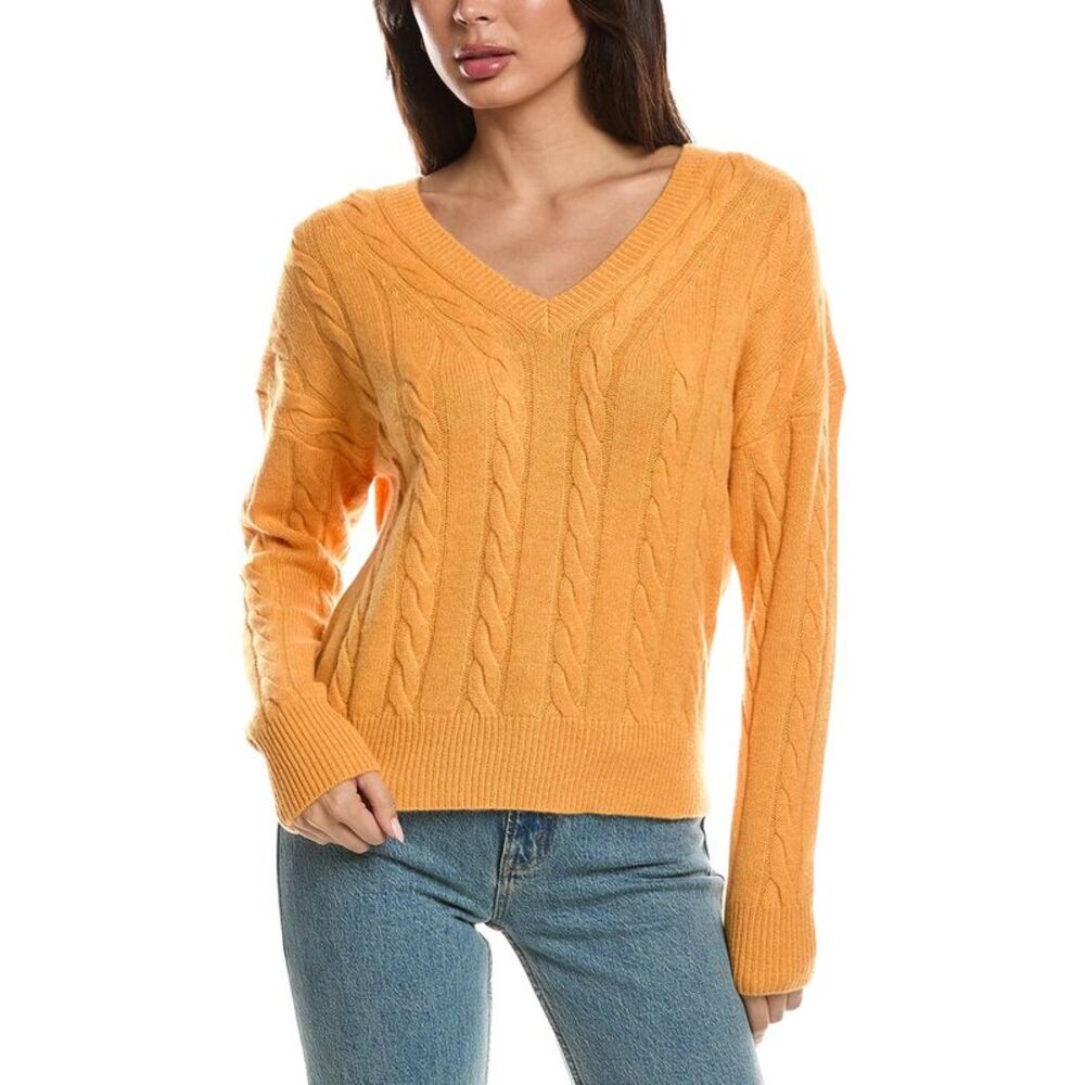 Forte Cashmere Womens Fashioned Cable V-Neck 100% Cashmere Sweater, Orange